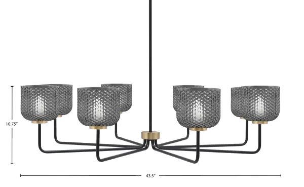 The Sandia 8-Light Chandelier makes a striking statement with its 43.5-inch span and sophisticated matte black and brass finish combination. Eight smoke textured glass shades create beautiful ambient lighting while the adjustable hanging height accommodates various ceiling configurations. - alternate view
