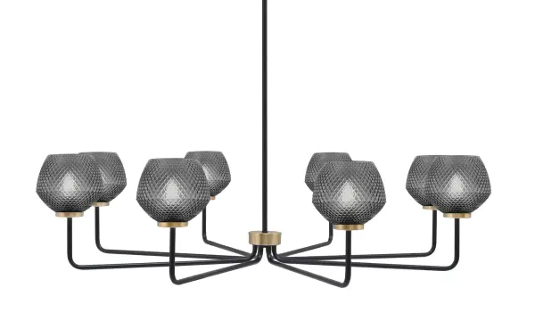 The Sandia 8-Light Chandelier makes a striking statement with its contemporary two-tone finish combining matte black and new age brass. Eight smoke textured glass shades create beautiful ambient lighting while the 43.5-inch width provides substantial presence over large dining tables and kitchen islands.