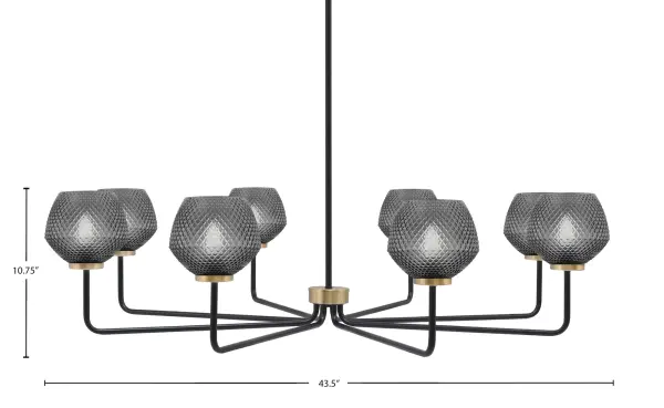 The Sandia 8-Light Chandelier makes a striking statement with its contemporary two-tone finish combining matte black and new age brass. Eight smoke textured glass shades create beautiful ambient lighting while the 43.5-inch width provides substantial presence over large dining tables and kitchen islands. - alternate view