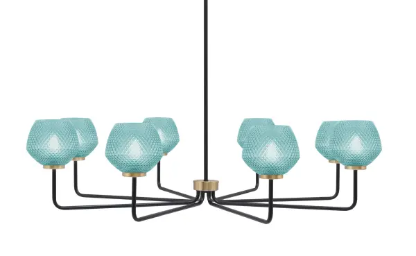 The Sandia 8-Light Chandelier makes a dramatic statement with its 43.5-inch span and eye-catching turquoise textured glass shades. The matte black and new age brass two-tone finish adds contemporary sophistication, while the linear design provides excellent illumination for large spaces.