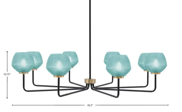 The Sandia 8-Light Chandelier makes a dramatic statement with its 43.5-inch span and eye-catching turquoise textured glass shades. The matte black and new age brass two-tone finish adds contemporary sophistication, while the linear design provides excellent illumination for large spaces. - alternate view