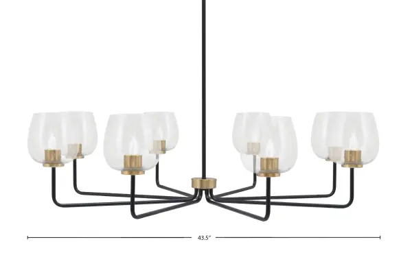 The Sandia 8-Light Chandelier makes a dramatic statement with its 43.5" span and distinctive matte black and brass finish. Clear bubble glass shades create beautiful light diffusion while the mixed metal aesthetic adds modern industrial charm.