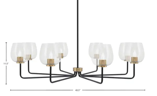 The Sandia 8-Light Chandelier makes a dramatic statement with its 43.5" span and distinctive matte black and brass finish. Clear bubble glass shades create beautiful light diffusion while the mixed metal aesthetic adds modern industrial charm. - alternate view