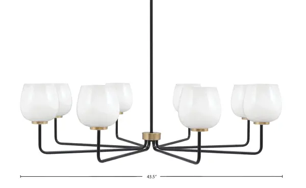 The Sandia 8-Light Chandelier combines modern industrial style with transitional elegance through its matte black and brass finish. The 43.5-inch width and white marble glass shades create sophisticated ambient lighting perfect for large dining spaces and open-concept areas.