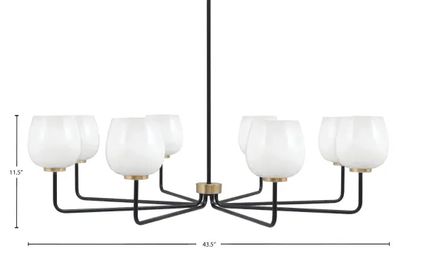 The Sandia 8-Light Chandelier combines modern industrial style with transitional elegance through its matte black and brass finish. The 43.5-inch width and white marble glass shades create sophisticated ambient lighting perfect for large dining spaces and open-concept areas. - alternate view