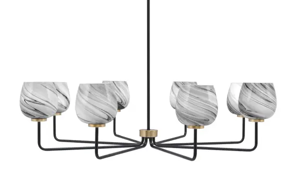 The Sandia 8-Light Chandelier makes a dramatic statement with its 43.5-inch span and sophisticated matte black and brass finish combination. Eight onyx swirl glass shades create warm, diffused lighting perfect for large dining and living spaces.