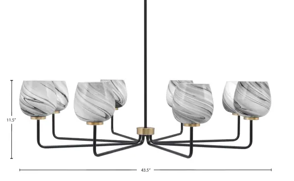 The Sandia 8-Light Chandelier makes a dramatic statement with its 43.5-inch span and sophisticated matte black and brass finish combination. Eight onyx swirl glass shades create warm, diffused lighting perfect for large dining and living spaces. - alternate view