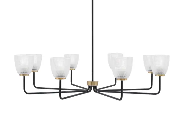 The Sandia 8-Light Chandelier combines matte black and new age brass finishes for a striking contemporary look. Its 42.75-inch width and clear ribbed glass shades create beautiful light diffusion, perfect for large dining spaces and kitchen islands.