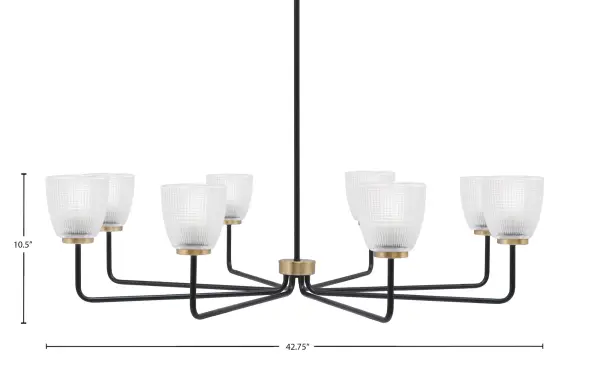 The Sandia 8-Light Chandelier combines matte black and new age brass finishes for a striking contemporary look. Its 42.75-inch width and clear ribbed glass shades create beautiful light diffusion, perfect for large dining spaces and kitchen islands. - alternate view