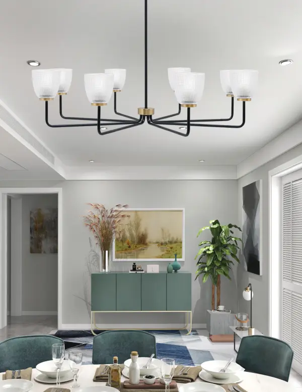 Bold Two-Tone Chandelier with Industrial Elegance and Ribbed Glass Detail - Image 3