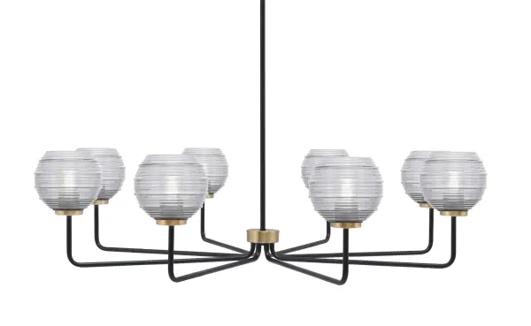 The Sandia 8-Light Chandelier makes a striking statement with its 43.5-inch span and sophisticated matte black and brass finish combination. Clear ribbed glass shades add texture while providing beautiful light diffusion across large spaces.