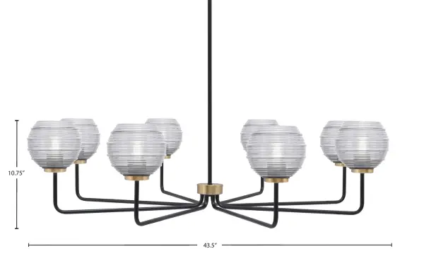 The Sandia 8-Light Chandelier makes a striking statement with its 43.5-inch span and sophisticated matte black and brass finish combination. Clear ribbed glass shades add texture while providing beautiful light diffusion across large spaces. - alternate view