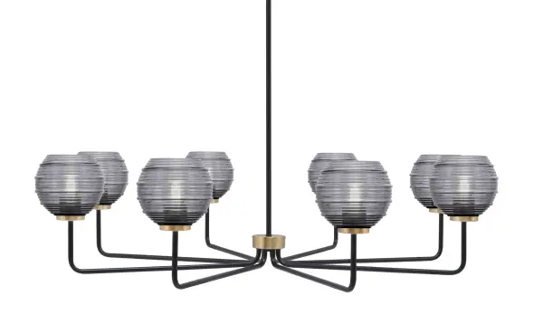 The Sandia 8-Light Chandelier makes a striking statement with its 43.5-inch span and contemporary mixed-metal design. Matte black paired with new age brass creates visual interest, while smoke ribbed glass shades diffuse light beautifully across large spaces.