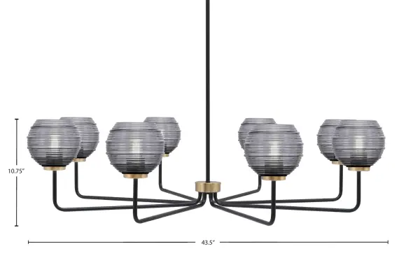 The Sandia 8-Light Chandelier makes a striking statement with its 43.5-inch span and contemporary mixed-metal design. Matte black paired with new age brass creates visual interest, while smoke ribbed glass shades diffuse light beautifully across large spaces. - alternate view