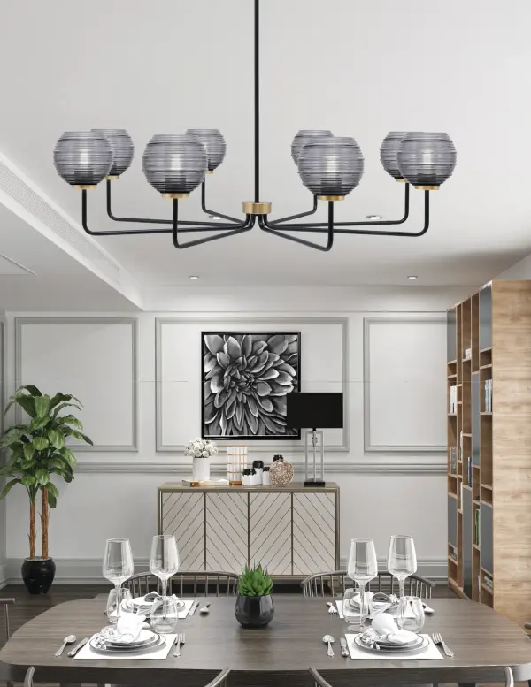 Bold Linear Chandelier with Mixed Metal Finish and Ribbed Glass Shades - Image 3