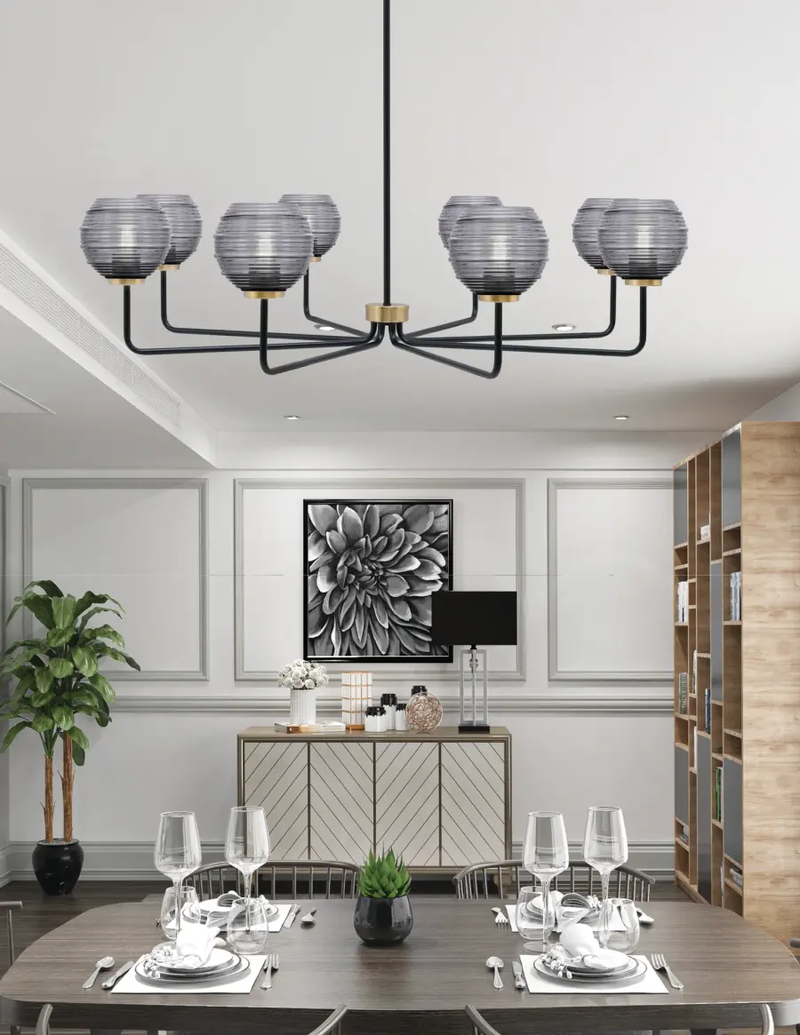 Bold Linear Chandelier with Mixed Metal Finish and Ribbed Glass Shades - Image 3