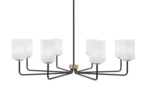 The Sandia 8-Light Chandelier combines industrial-inspired matte black with warm new age brass accents and elegant white marble glass shades. Its substantial 41.25-inch width makes a dramatic statement over large dining tables or kitchen islands.