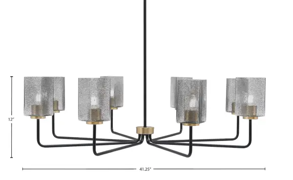The Sandia 8 Light Chandelier makes a striking statement with its 41.25-inch linear design, combining matte black and new age brass finishes. Eight square smoke bubble glass shades create beautiful light diffusion and visual interest. - alternate view