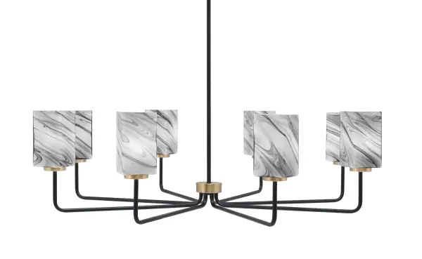 The Sandia 8 Light Chandelier makes a dramatic statement with its 41-inch linear profile, combining matte black and new age brass finishes. Eight square onyx swirl glass shades create warm, diffused lighting perfect for large dining spaces.