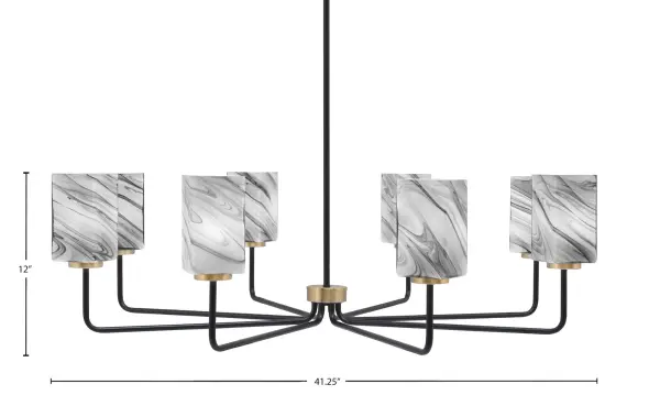 The Sandia 8 Light Chandelier makes a dramatic statement with its 41-inch linear profile, combining matte black and new age brass finishes. Eight square onyx swirl glass shades create warm, diffused lighting perfect for large dining spaces. - alternate view