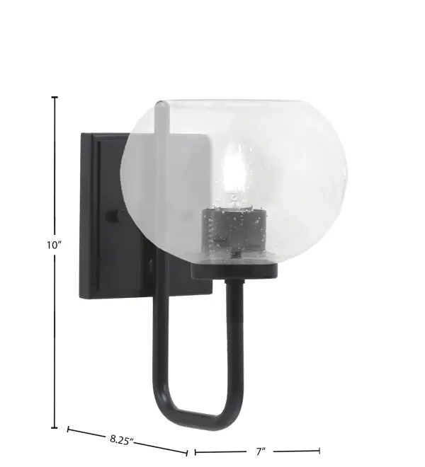 The Sandia Wall Sconce combines sleek matte black metalwork with distinctive clear bubble glass for a sophisticated industrial aesthetic. Versatile up or down mounting and dimmable capability make it adaptable to various spaces. - alternate view