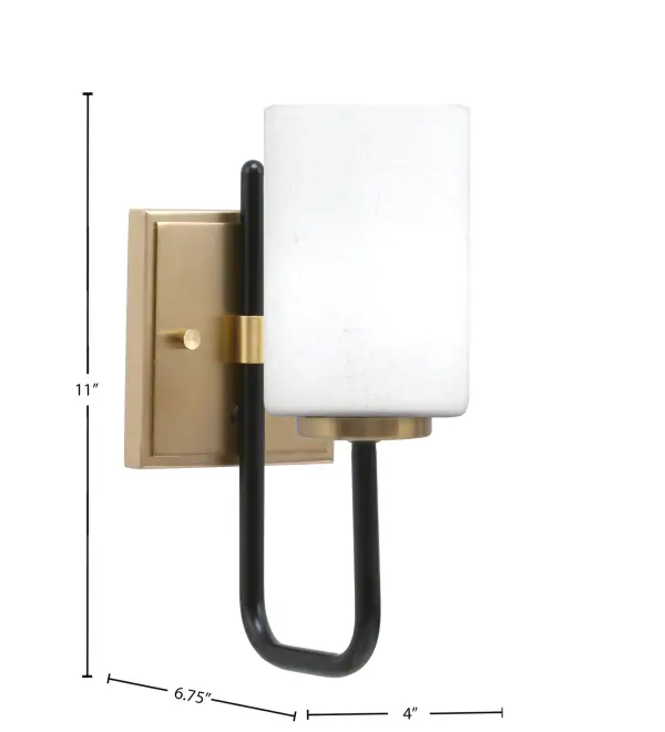 The Sandia Wall Sconce combines contemporary style with versatile functionality. Its striking matte black and brass finish pairing creates visual interest, while the white muslin glass shade provides warm, diffused illumination perfect for intimate spaces. - alternate view