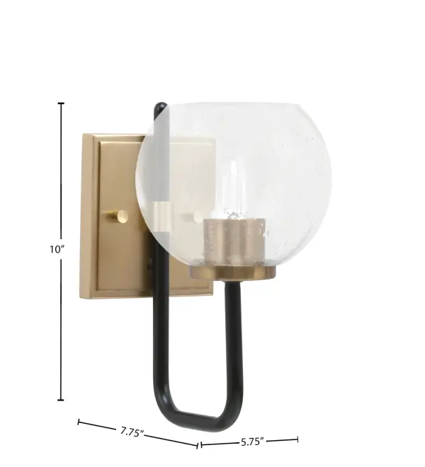 The Sandia Wall Sconce combines industrial style with modern elegance through its matte black and brass finish paired with distinctive bubble glass. Perfect for adding ambient lighting and visual interest to smaller spaces. - alternate view