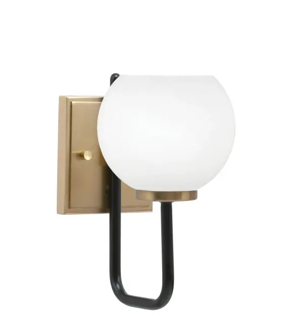 The Sandia Wall Sconce combines modern sophistication with classic elegance through its striking Matte Black and New Age Brass finish. The 5.75" White Marble Glass shade provides soft, refined illumination perfect for contemporary and traditional interiors alike.