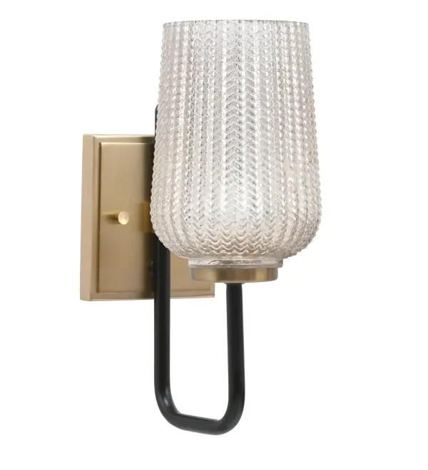 The Sandia Wall Sconce combines matte black and new age brass finishes with silver textured glass for a striking modern industrial look. Compact at 5" wide, it's perfect for smaller spaces while delivering sophisticated style.