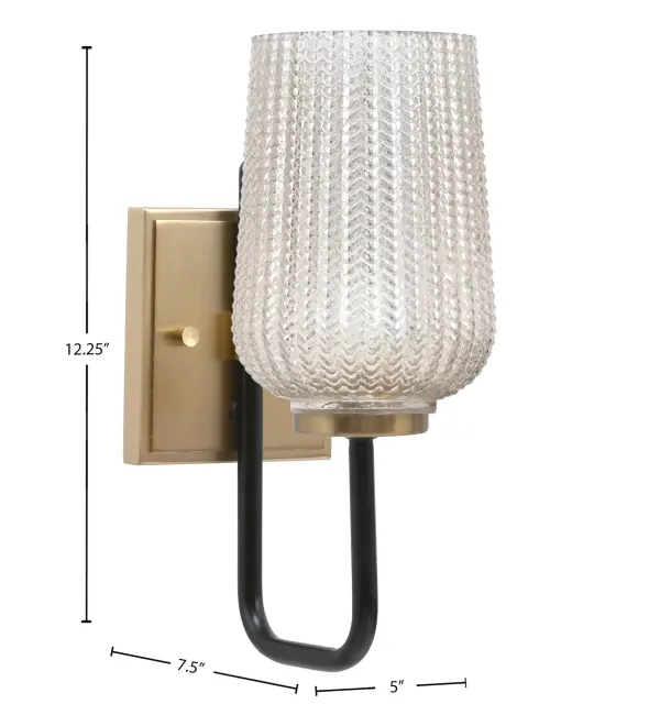 The Sandia Wall Sconce combines matte black and new age brass finishes with silver textured glass for a striking modern industrial look. Compact at 5" wide, it's perfect for smaller spaces while delivering sophisticated style. - alternate view