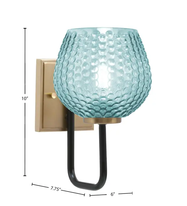 The Sandia Wall Sconce combines sophisticated matte black and brass finishes with a striking turquoise textured glass shade. Its compact 6-inch design and up/down mounting flexibility make it ideal for adding colorful accent lighting. - alternate view