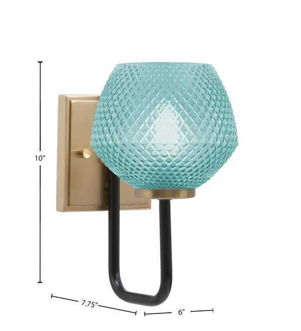 The Sandia Wall Sconce combines striking Matte Black and New Age Brass finishes with a vibrant 6-inch turquoise textured glass shade. This versatile fixture can mount up or down, offering design flexibility while creating a soft, diffused glow. - alternate view