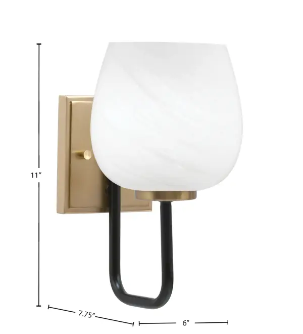 The Sandia Wall Sconce combines sophisticated matte black and brass finishes with a refined white marble glass shade. Its compact 6-inch design and versatile up/down mounting make it ideal for bathrooms, hallways, and accent lighting. - alternate view