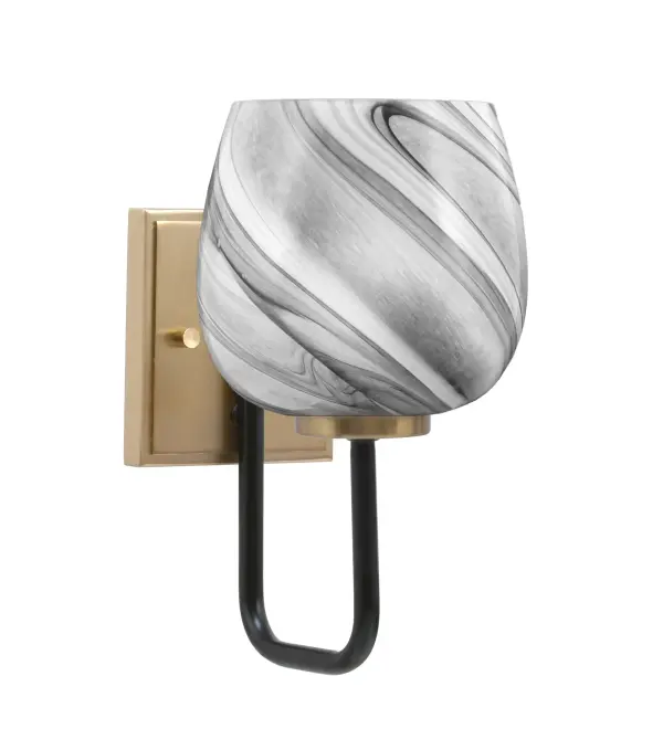 The Sandia Wall Sconce combines matte black and new age brass finishes with a stunning 6-inch onyx swirl glass shade. Its compact design and up/down mounting flexibility make it perfect for modern bathrooms, hallways, and accent lighting.
