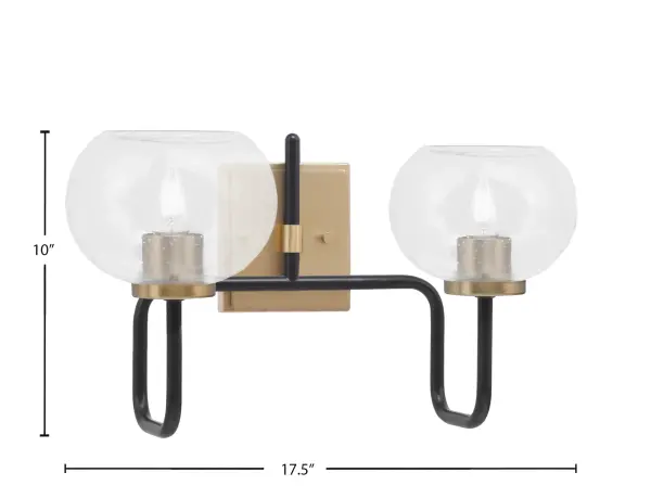 The Sandia 2-Light Bath Bar combines matte black and warm brass finishes for a striking contemporary look. Clear bubble glass shades create soft, diffused lighting perfect for vanity applications in modern and transitional bathrooms. - alternate view