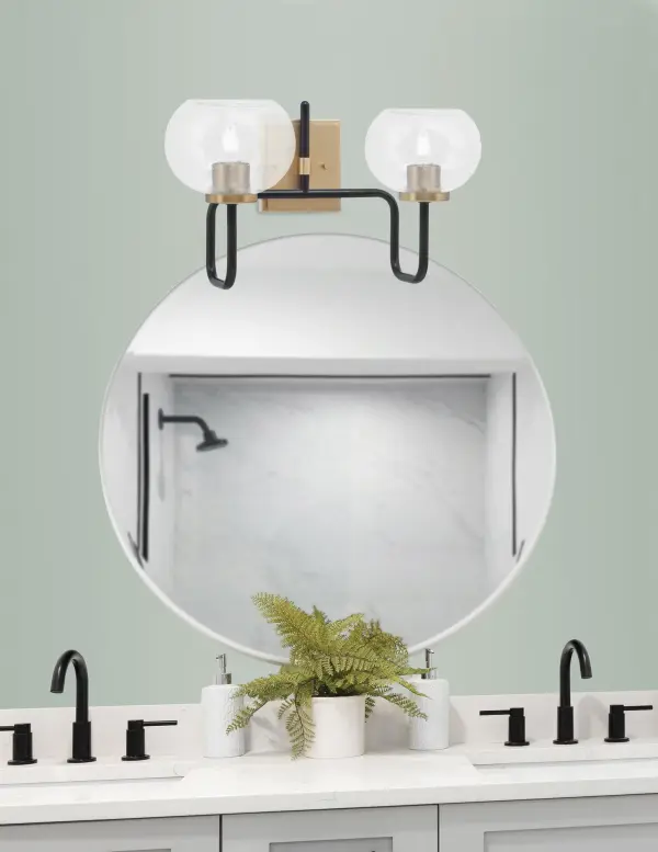 Sandia 2-Light Bath Bar in Matte Black & New Age Brass with Clear Bubble Glass - Image 3