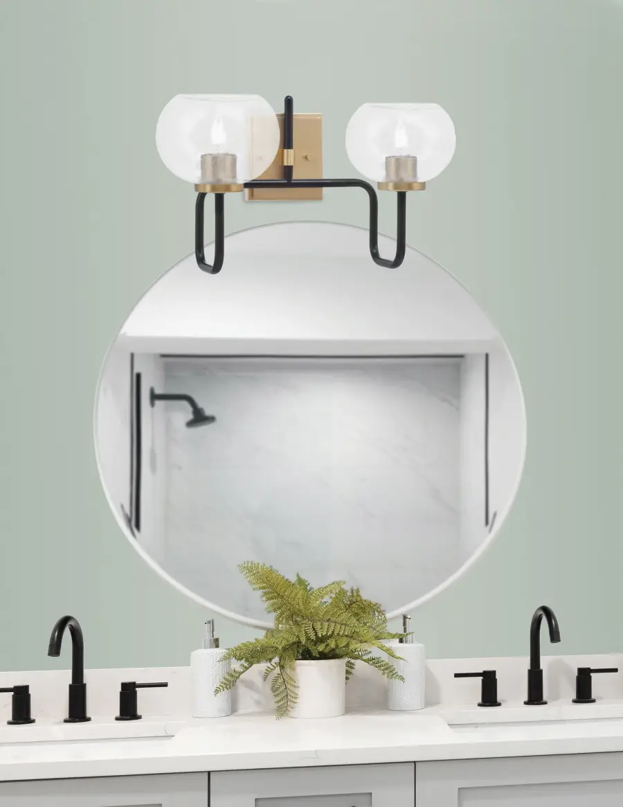 Sandia 2-Light Bath Bar in Matte Black & New Age Brass with Clear Bubble Glass - Image 3