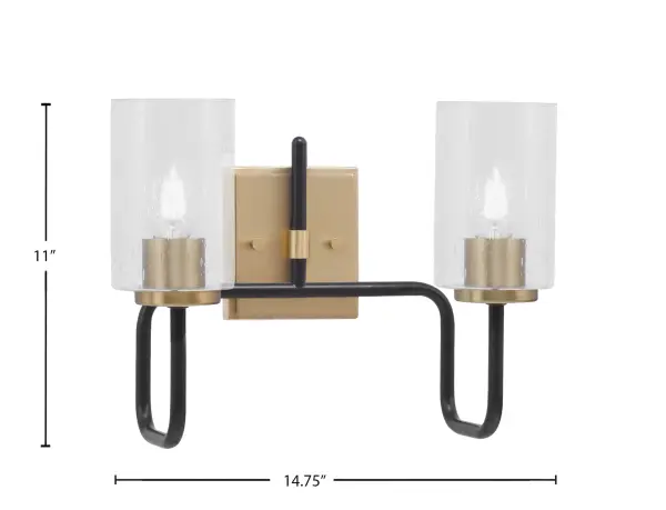 The Sandia 2 Light Bath Bar combines matte black and new age brass finishes with unique clear bubble glass shades. Perfect for modern and transitional bathrooms, this fixture adds texture and visual interest while providing ample lighting. - alternate view