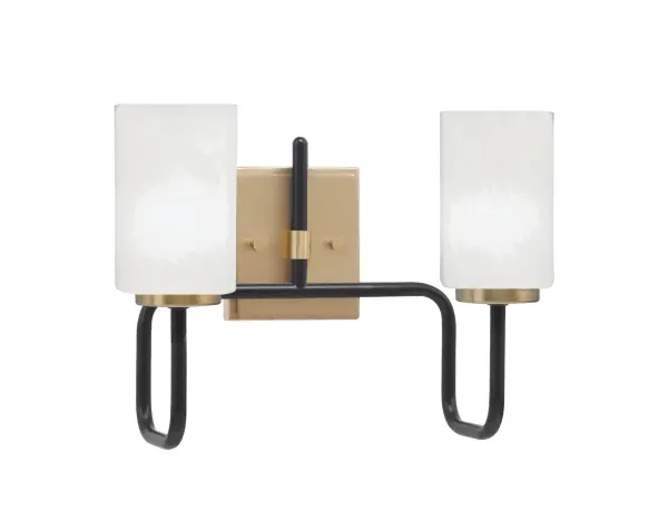 The Sandia 2-Light Bath Bar combines matte black and new age brass finishes for a striking contemporary look. White marble glass shades provide soft, diffused lighting perfect for vanity areas. Compact design ideal for smaller bathrooms.