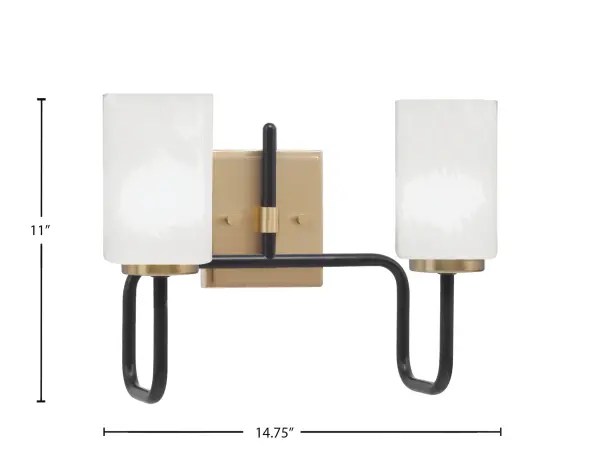 The Sandia 2-Light Bath Bar combines matte black and new age brass finishes for a striking contemporary look. White marble glass shades provide soft, diffused lighting perfect for vanity areas. Compact design ideal for smaller bathrooms. - alternate view