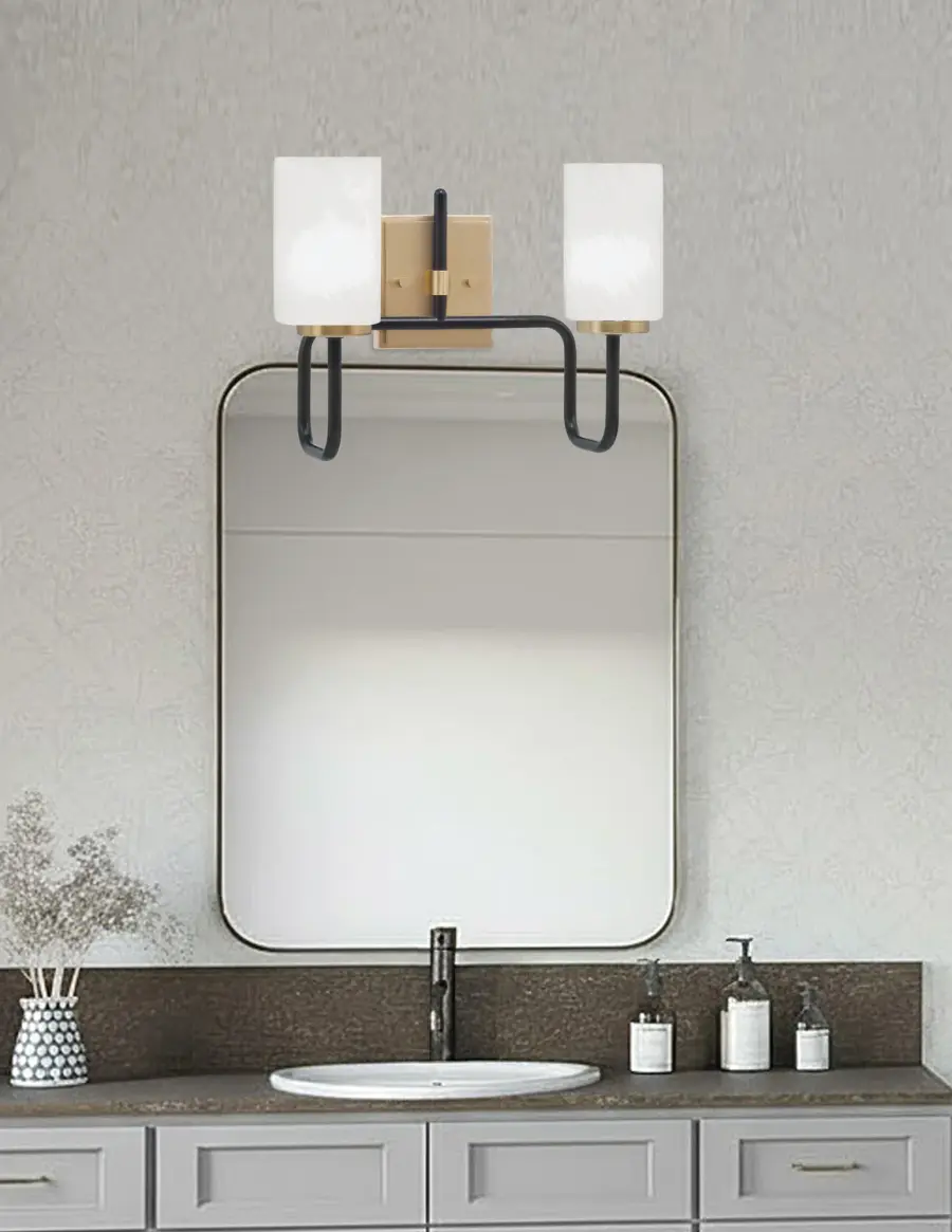 Sandia 2-Light Bath Bar in Matte Black & New Age Brass with White Marble Glass - Image 3