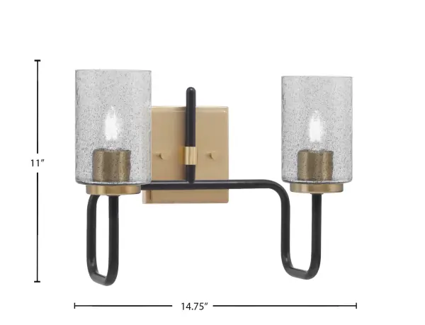 The Sandia 2-Light Bath Bar combines modern sophistication with industrial edge through its striking Matte Black and New Age Brass finish. The unique smoke bubble glass shades create visual interest while providing soft, diffused lighting. - alternate view