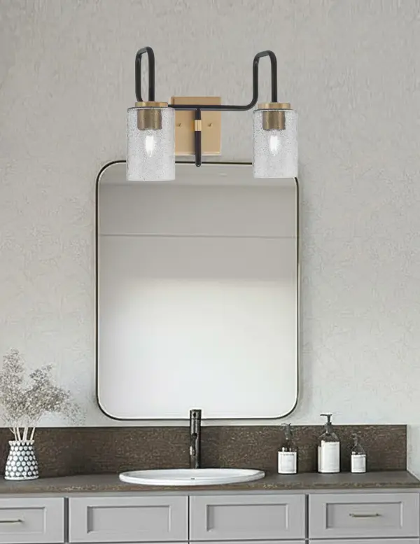 Sandia 2-Light Bath Bar in Matte Black & New Age Brass with Smoke Bubble Glass - Image 3