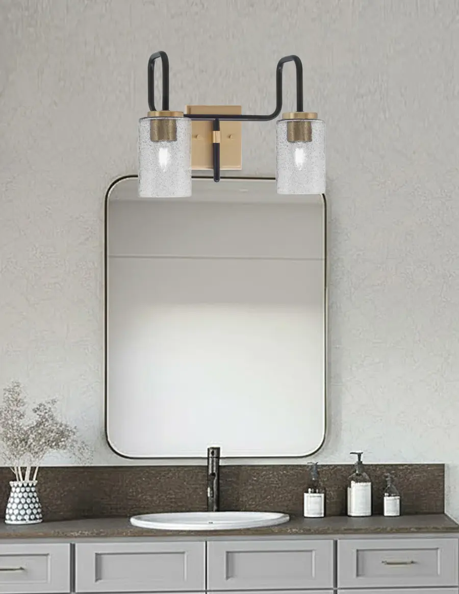 Sandia 2-Light Bath Bar in Matte Black & New Age Brass with Smoke Bubble Glass - Image 3