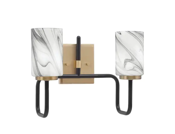 The Sandia 2-Light Bath Bar combines modern matte black with warm new age brass for a striking transitional look. The 4-inch onyx swirl glass shades create beautiful light diffusion while adding visual drama to any bathroom space.