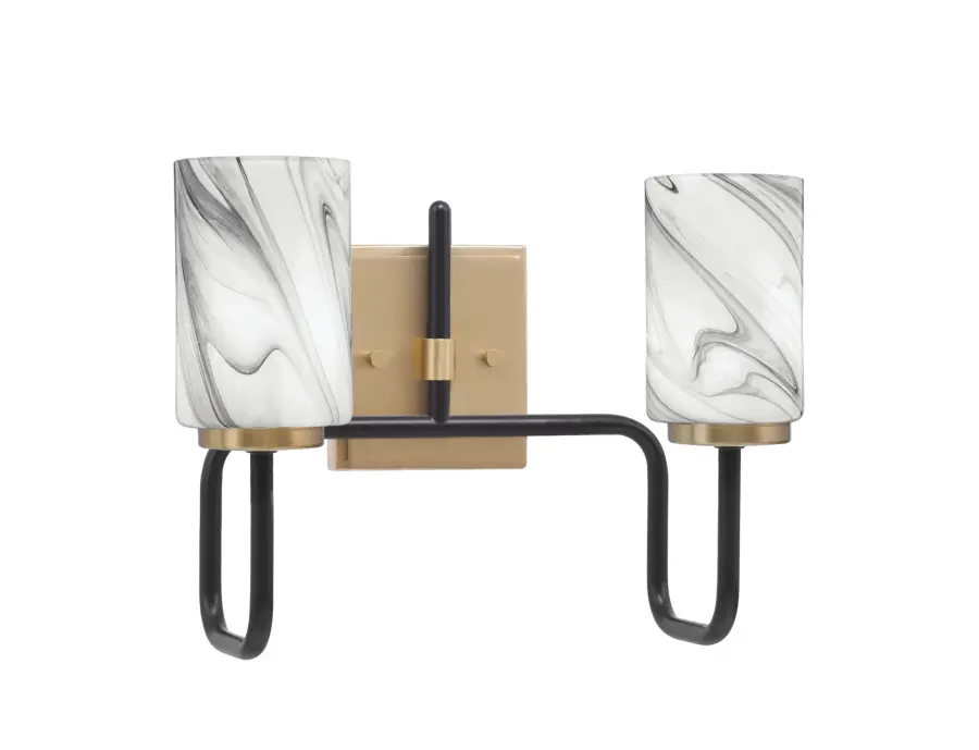 Sandia 2-Light Bath Bar in Matte Black & New Age Brass with Onyx Swirl Glass - Image 1