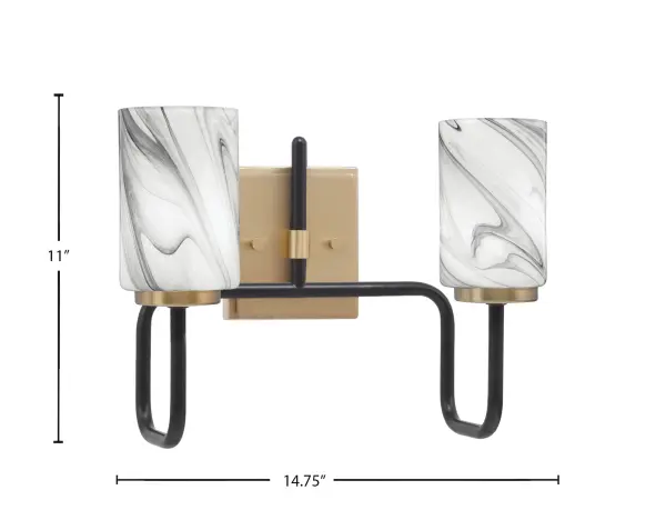 The Sandia 2-Light Bath Bar combines modern matte black with warm new age brass for a striking transitional look. The 4-inch onyx swirl glass shades create beautiful light diffusion while adding visual drama to any bathroom space. - alternate view