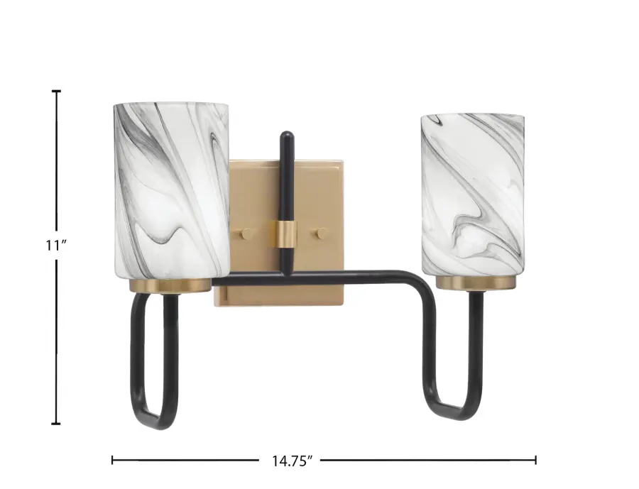 Sandia 2-Light Bath Bar in Matte Black & New Age Brass with Onyx Swirl Glass - Image 2