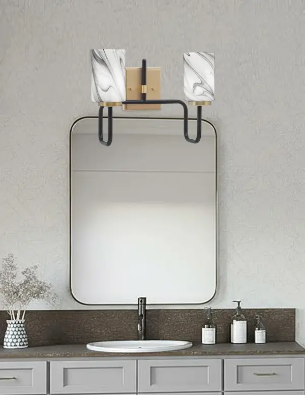 Sandia 2-Light Bath Bar in Matte Black & New Age Brass with Onyx Swirl Glass - Image 3