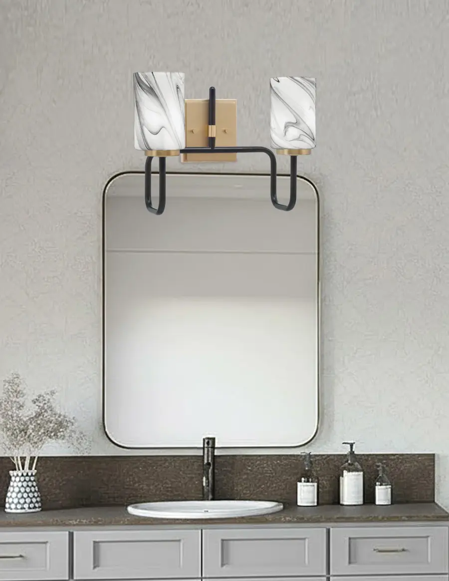 Sandia 2-Light Bath Bar in Matte Black & New Age Brass with Onyx Swirl Glass - Image 3